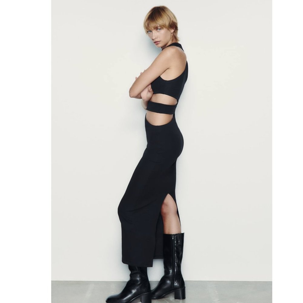 Zara Cut Out Halter Midi Dress Black NWT - Picture 7 of 9